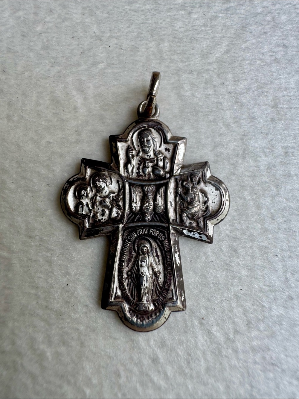 Vintage Chapel Sterling Silver 4-Way Cross Medal Catholic Pendant "Call a Priest